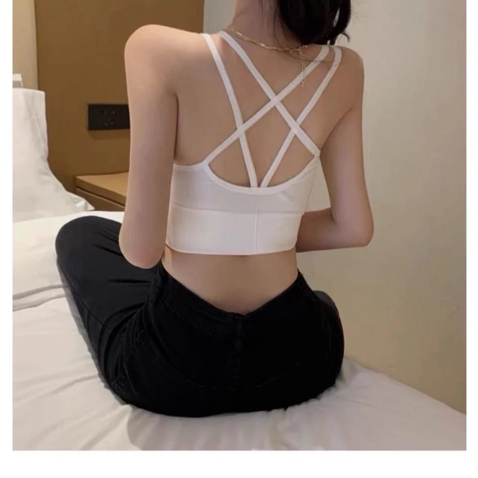 

New cross hollowed out beautiful back bra student sports underwear female suspender bottomed shirt sexy outer vest top