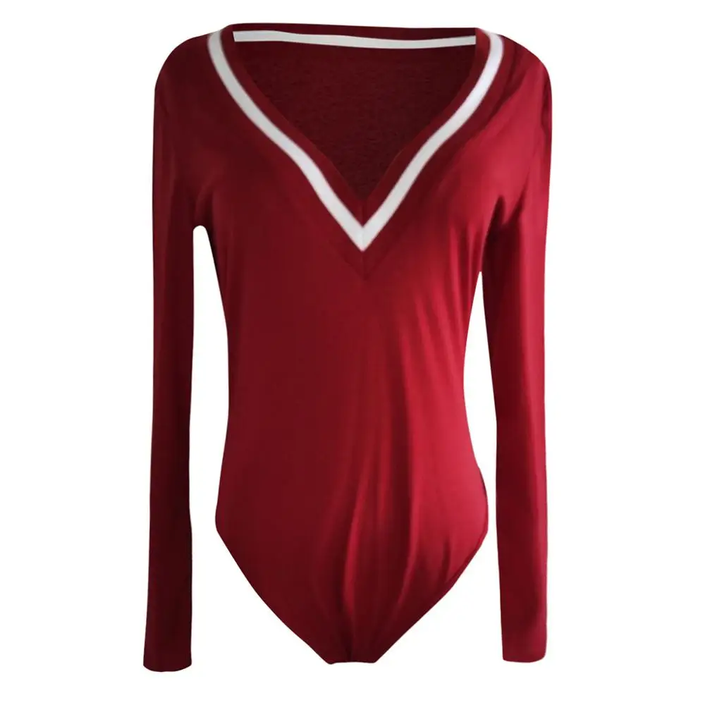 Женское боди в полоску с V-образным вырезом эластичное трико длинным рукавом