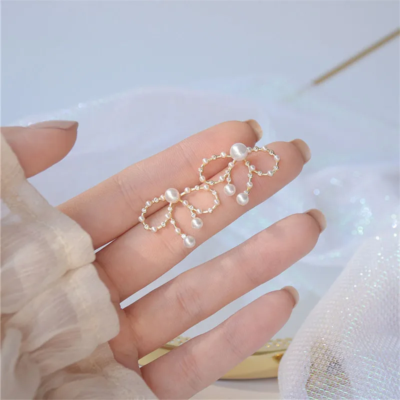 

2021 New Natural Pearl Bow Stud Earrings for Woman Zircon S925 Silver Needle Temperament Sweet Earrings Girl Party Jewelry Gifts
