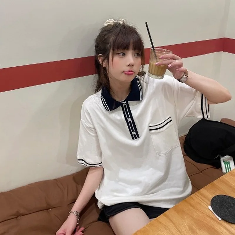 

Japan Style Maiden White Turn-down Collar Short Sleeve Women's Clothing Summer The New T-Shirts Fashion Loose Tops Ins Tide Tees