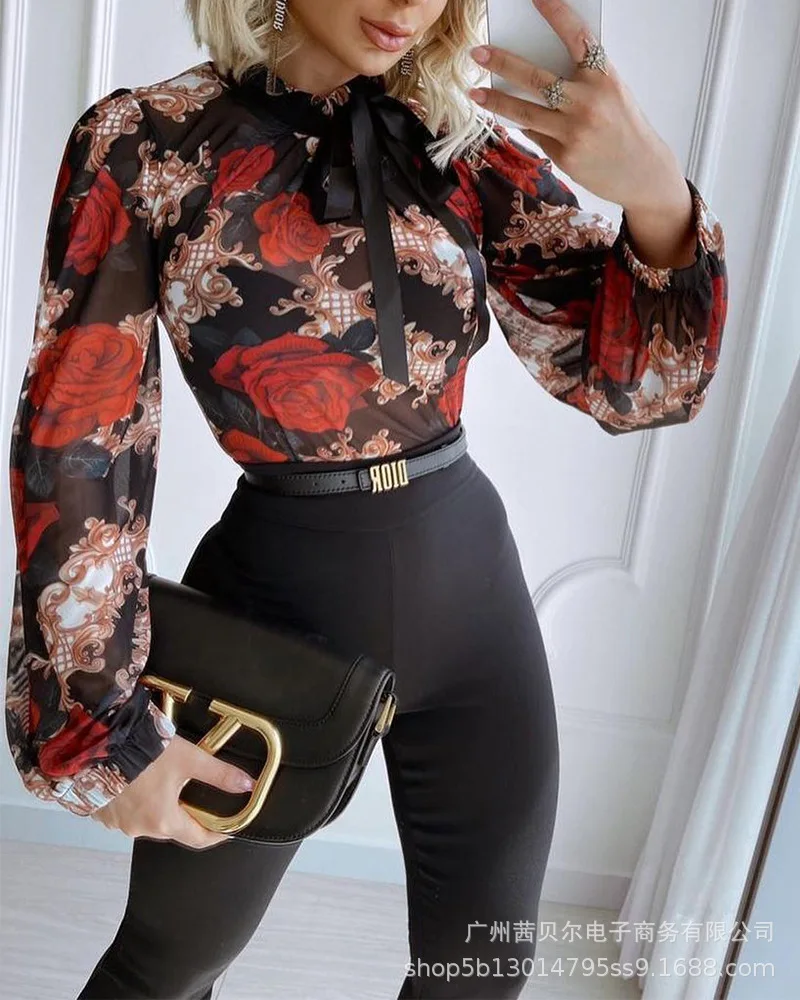 

Autumn Print Vintage Women's Shirt Autumn New Long Sleeve Loose Tops Elegant Office Street Wear Female Belt Blouse Casual Wear