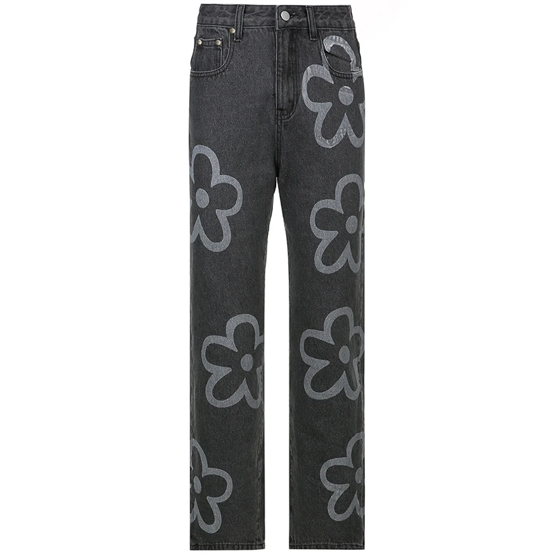 

Darlingaga Streetwear Floral Printed Graffiti Female Jeans Straight Y2K Vintage Denim Trousers Aesthetic High Waist Jeans Pants