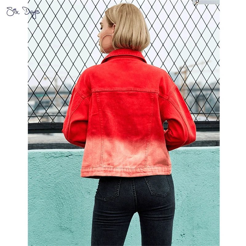 

Tie-Dyed Women's Spring Jacket 2021Denim Coat Short Clothing Girl Long Sleeves Chaqueta Mujer Loose Outerwear Red Streetwear