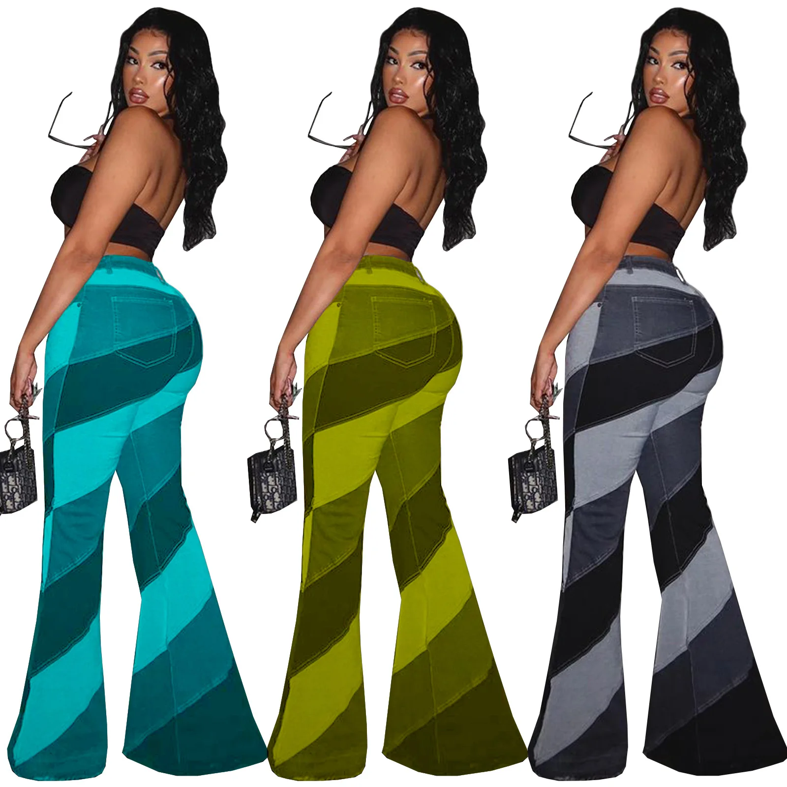 

Trendy Women Flare Casual Pants 2021 High Waist Fashion Patchwork Night Club Party Lady Trousers S-2XL 3 Colors Clothing Autumn