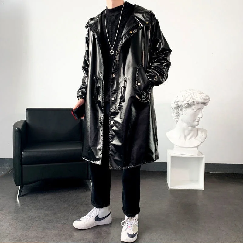 

Windbreaker men's autumn new shiny leather coat youth knee-length mid-length handsome parker hooded pu coat