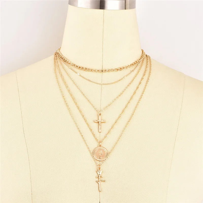 Adolph Fashion Multiple Layers Cross Necklaces For Women Charm Gold Color Chokers Necklace Boho Collares Female Party Jewelry | Украшения и