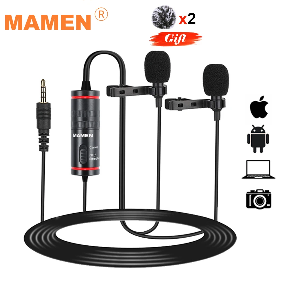 MAMEN 4 2 м двойной головкой беспроводной закрепляемый микрофон конденсаторный Vlog с