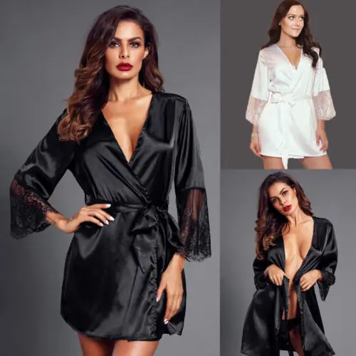 

Women Silk Lace Lingerie Belt Bathrobe Women Sexy Nightwear Belt Bathrobe Nightwear Robe Womens