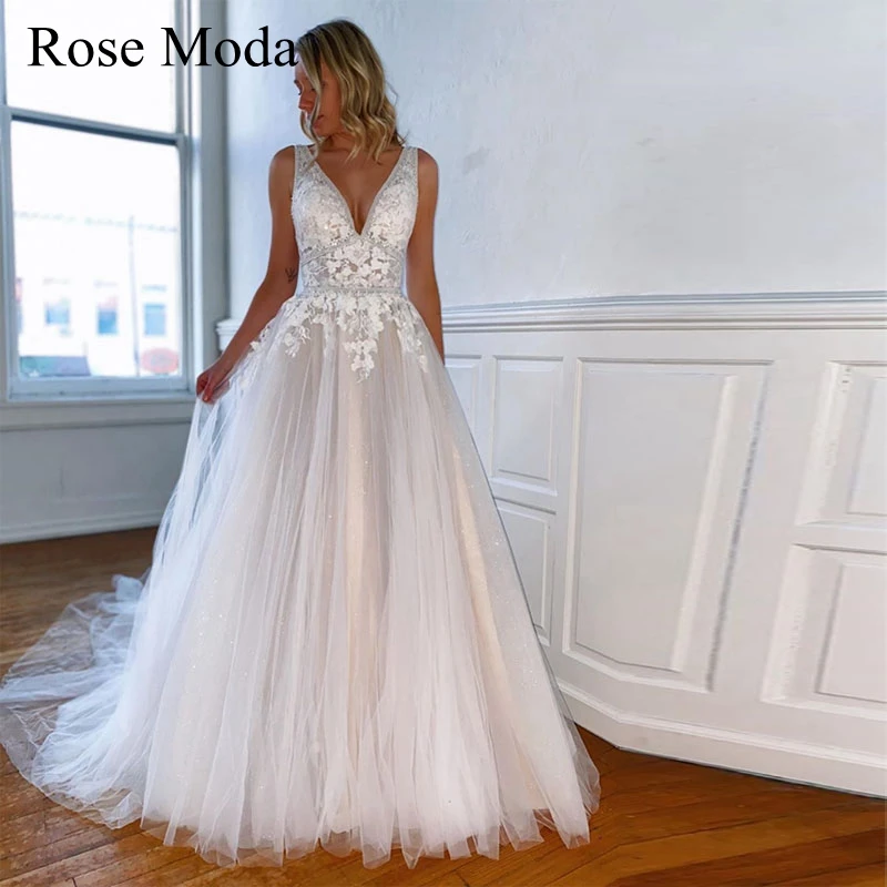 

Rose Moda Deep V Neck Glittering Lace Boho Wedding Dress Ivory and Champagne Bridal Gown Custom Make