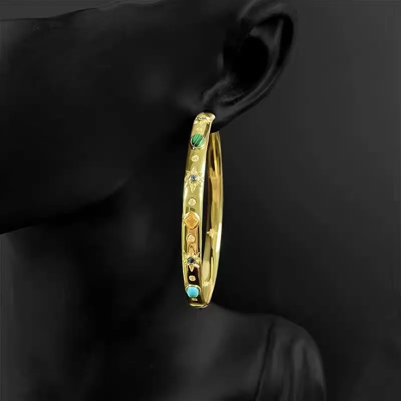 

July 2021 new S925 Sterling Silver Roman style colored stone Circle Earrings luxury brand Monaco jewelry women's gift