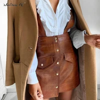 mnealways18 single breasted pinafore faux leather strap skirts womens high waist mini brown skirt vintage suspender skirt 2020