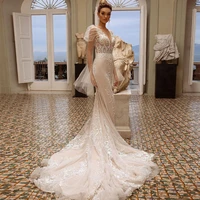 sevintage luxury mermaid wedding dresses lace appliques v neck long sleeves with detachable train 3d flowers bridal dress 2022