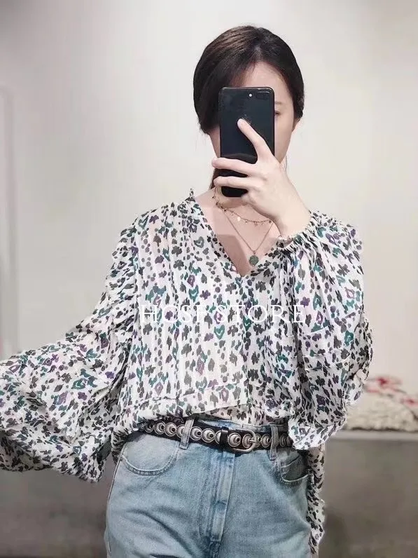 

Floral Printed Blouse Women Ruffled Collar Patchwork Ruffles V-neck Casual Long Sleeve Ladies Shirt