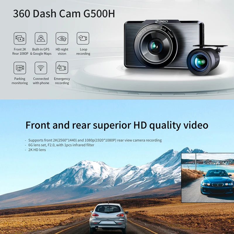 $78.56 360 G500H Dash Cam + 32G Card Front 2K FHD Rear 1080P Dual Camera 160