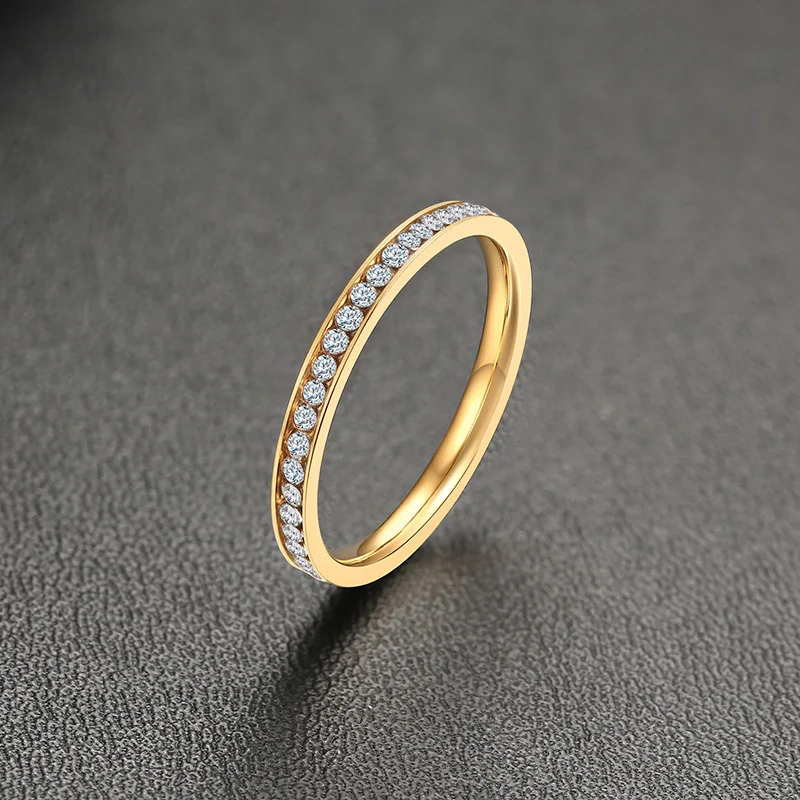 

2mm Slim Bling CZ Stones Engagement Ring for Women Lady, Gold Tone Stainless Steel Wedding Bands Female Jewelry