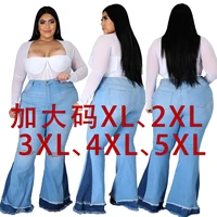 hsf2368 european and american jeans flared trousers wild wide leg ripped hole color matching slim stretch flared pants