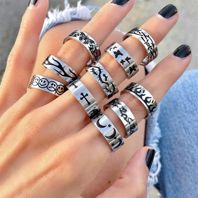 

Hiphop Punk Stainless Steel Flame Butterfly Band Rings For Women Men Vintage Goth Rings Couple Fashion Jewelry