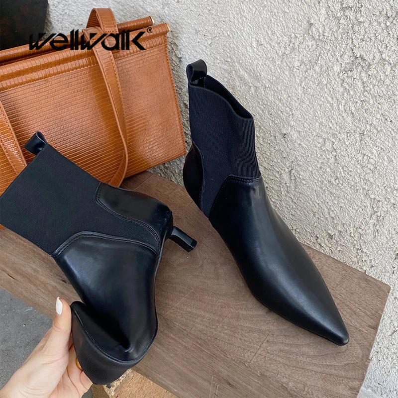 Ботильоны женские на низком каблуке складные без застежки стрейчевые с острым