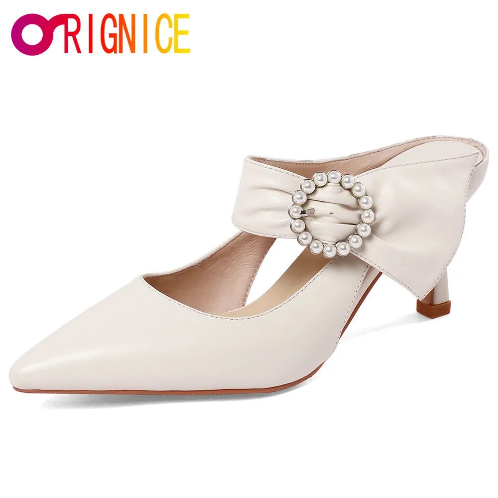 

Orignice Hot Sale Women Summer Pearl Bowknot Pointed Toe Mules Sexy Cow Leather Slip On Thin High Heel Party Wedding Pumps