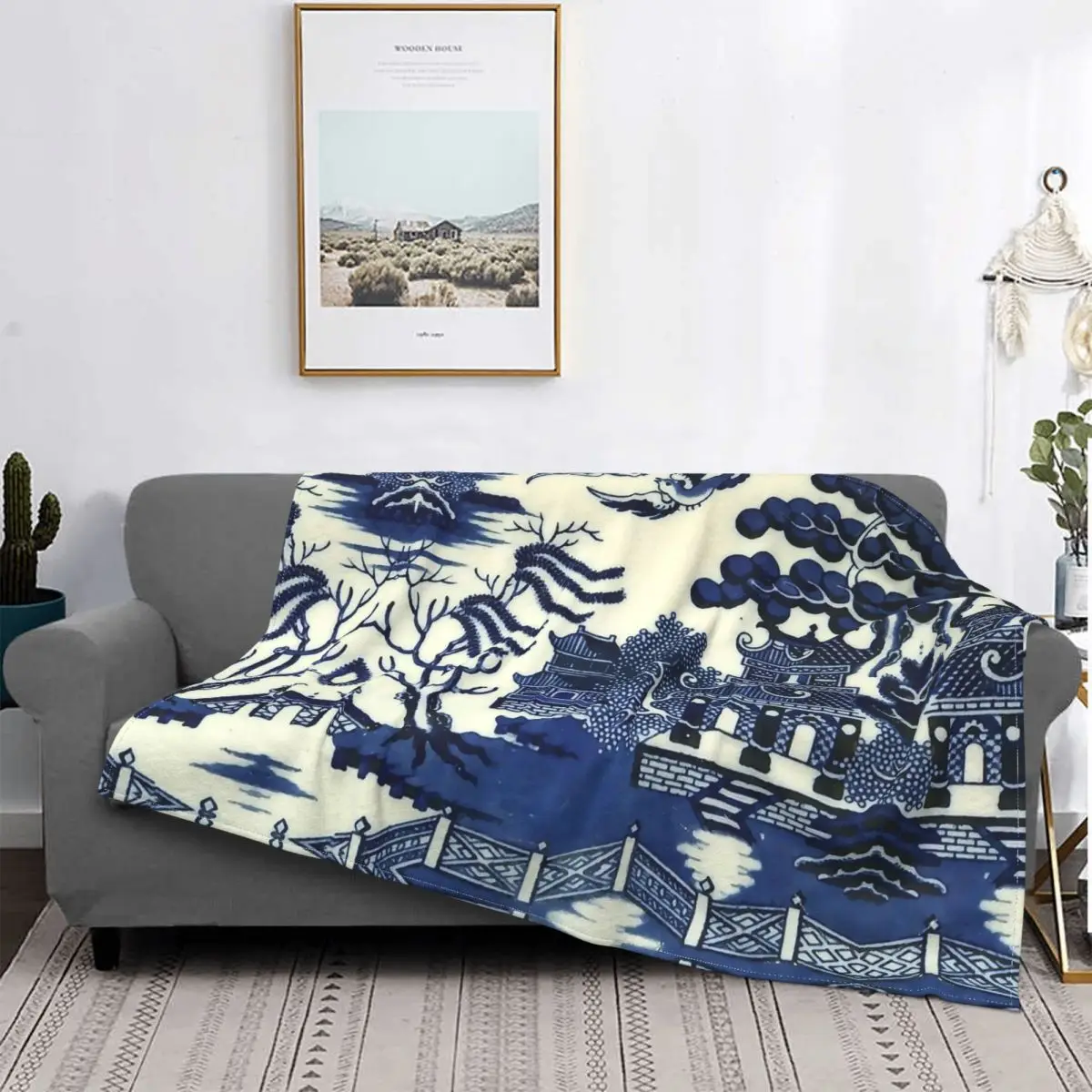 

Antique Willow Ware Oriental Toile Velvet Throw Blanket Blue Delft Blankets for Home Travel Lightweight Thin Bedspread