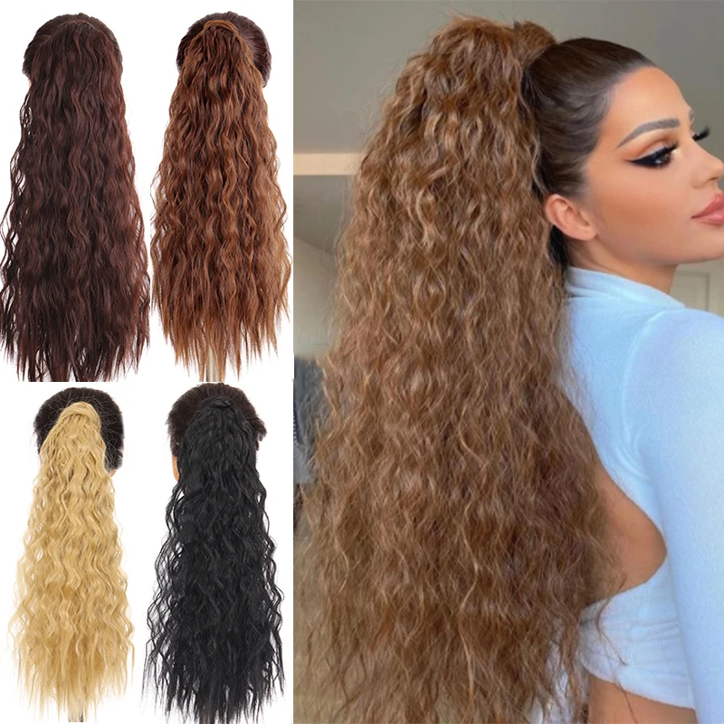 

MANWEI 24“ Long Corn Wavy Ponytail Synthetic Hairpiece Wrap on Clip Hair Extensions Ombre Brown Pony Tail Blonde Hair
