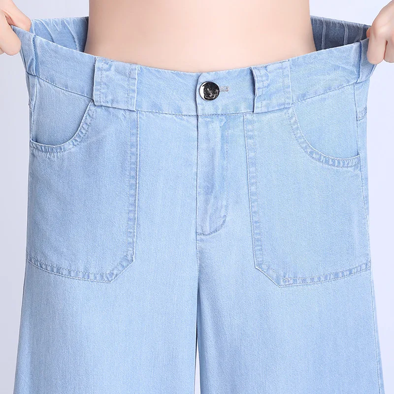 Брюки женские джинсовые с широкими штанинами и завышенной талией свободные
