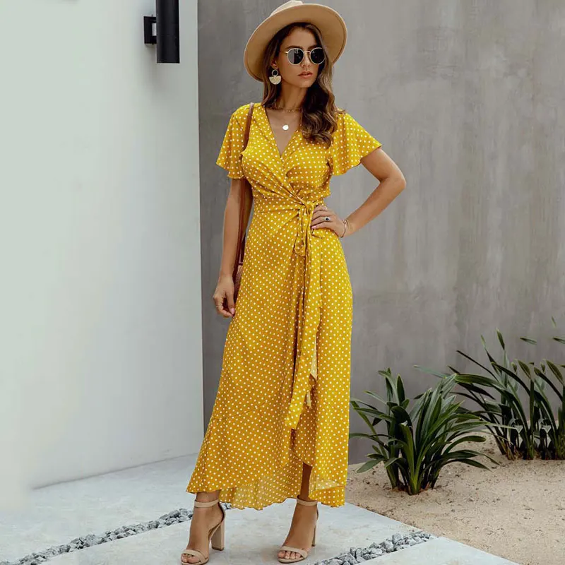 Женское платье макси в горошек с V-образным вырезом | Женская одежда