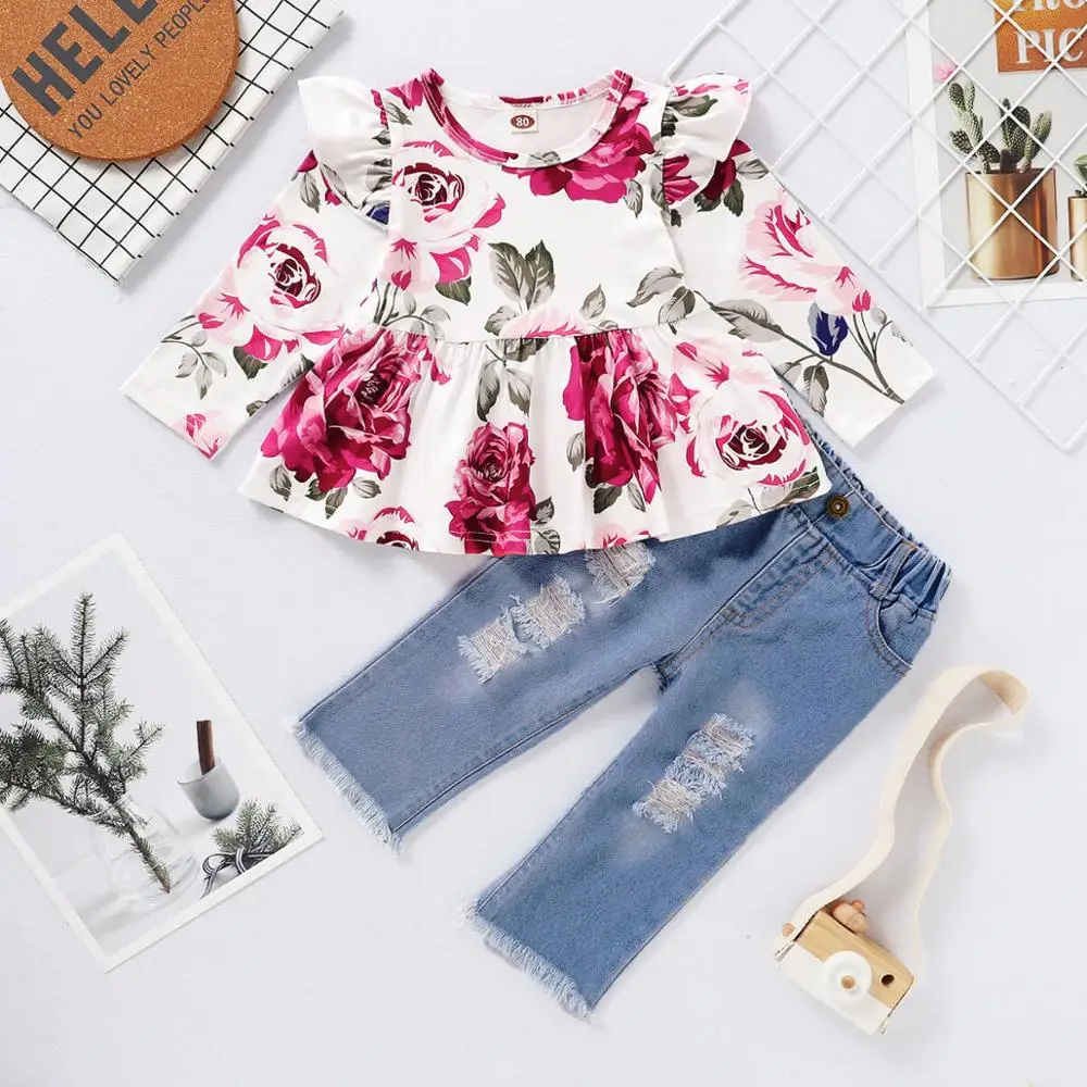 

Children Autumn Clothes 1-5T Ripped Jeans Set Baby Girl Pretty Flower Outfits 2PCS Long Sleeve Bow Decor Causal Top Set