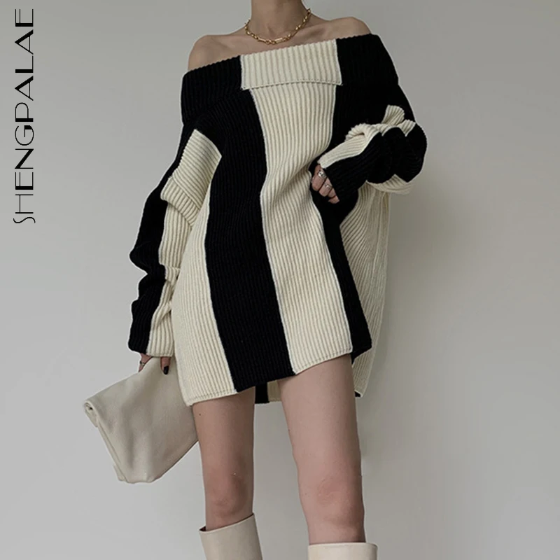 

SHENGPALAE модный шикарный Контрастный ЦВЕТНОЙ полосатый вязаный пуловер для женщин осень 2021 НОВЫЙ свободный свитер с длинным рукавом и вырезом...