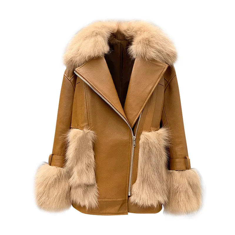 

Real Fox Fur Parka Winter Women Warm Coat Genuine Sheepskin Leather Jacket Lady Fox Fur Collar Fashion Style Clothing XM3645