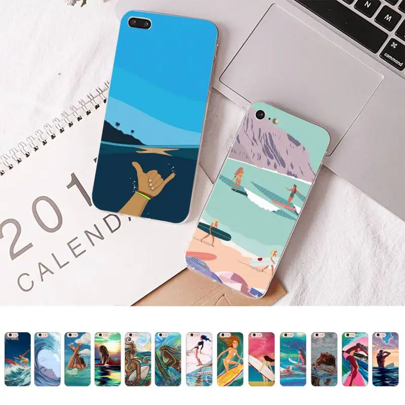 

Surfboard Surfing Art Surf Girl Phone Case for iPhone 13 11 12 pro XS MAX 8 7 6 6S Plus X 5S SE 2020 XR cover