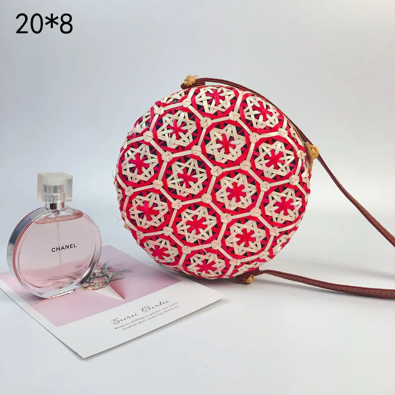 Круглая плетеная соломенная сумка, сумка из ротанга, женские сумки для путешествий, маленькие пляжные сумки, женские летние полые пляжные сумки ручной работы, сумки на плечо - Цвет: BT903red