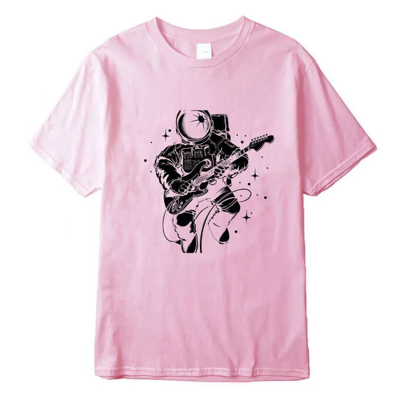 

Summer Men's Casual High Quality Cotton Men T-shirt Funny Astronaut Plays Guitar Print O Neck Short Sleeve