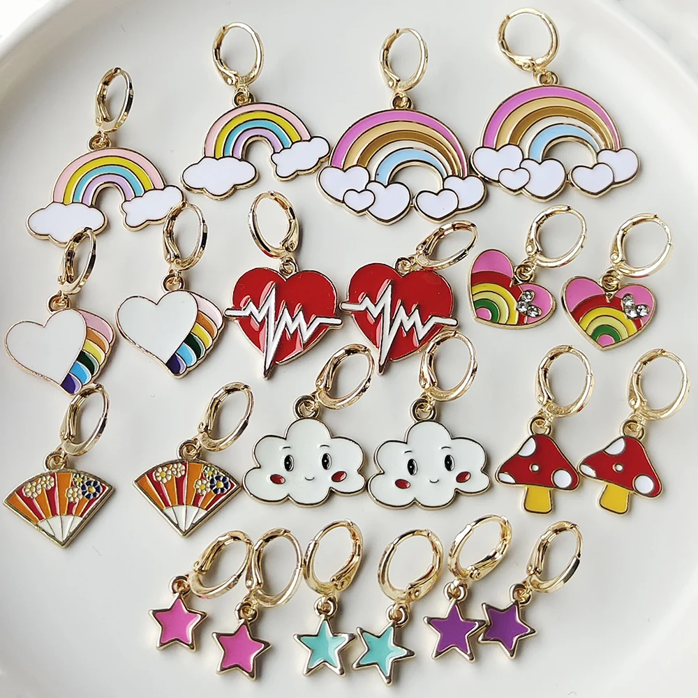 

ZX Colorful Enamel Rainbow Mushroom Clound Heart Pendant Earrings for Women Cute Girls Huggies Hoop Earrings Jewelry Wholesale