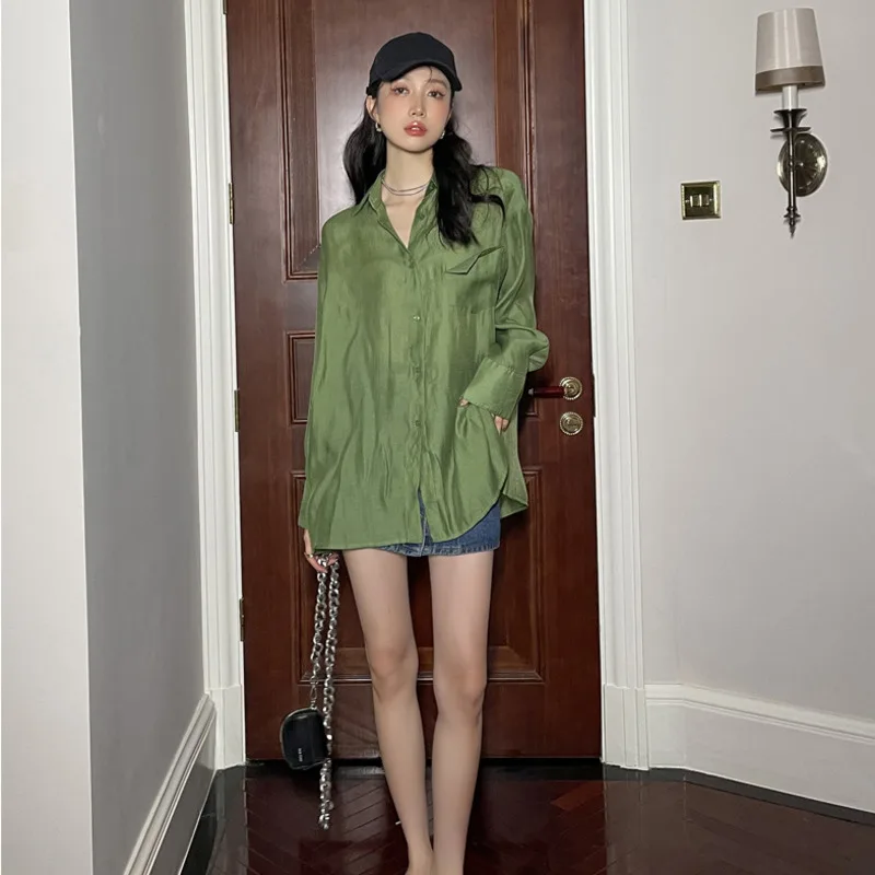 

LANMREM Long Sleeve Sunscreen Shirt Women's Summer Thin Design Side Split Temperament Solid Color Shirt All-match 2T1201