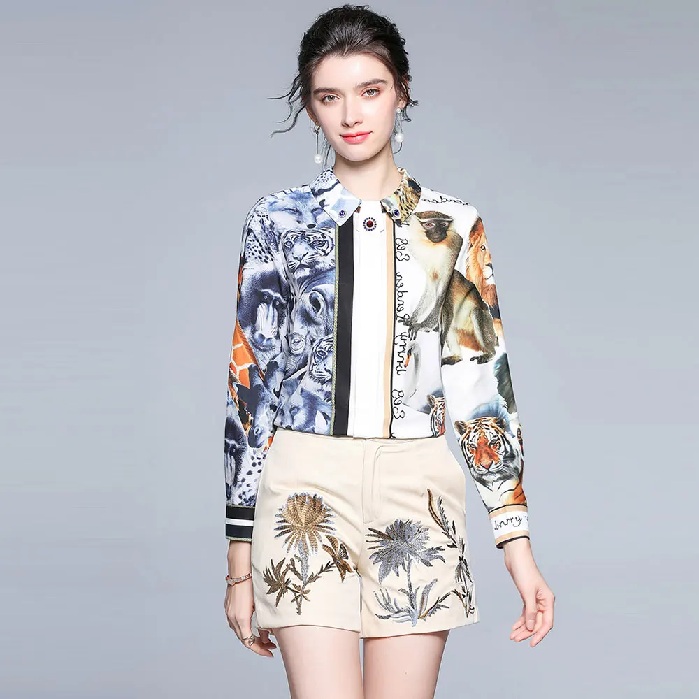 

Runway Embroidery Pants Suits Flower Print Beading Shirt Collar Long Sleeve Blouse Top + Mini Shorts Woman Two Piece Sets S63962