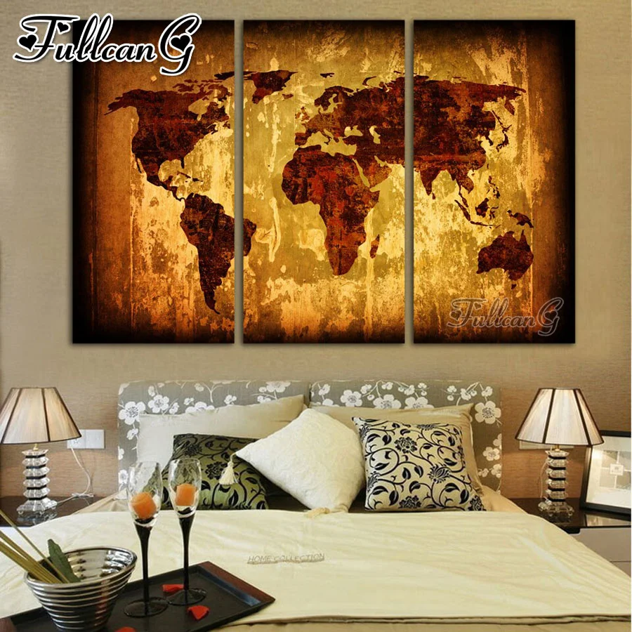 FULLCANG абстрактная Ретро Карта мира Большая Триптих 5d Сделай Сам алмазная живопись