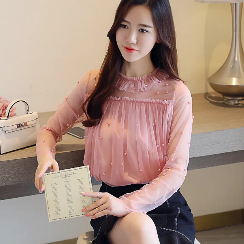 Женская прозрачная блузка с длинным рукавом привлекательная сетчатая шифоновая