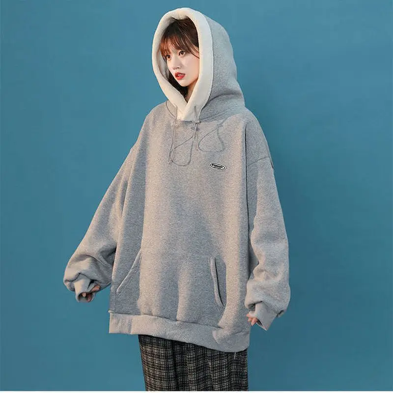 

Winter Women's Jacket Sweatshirt New Thick Hoodie Big Pocket Sweatshirt Solid Color Coating Korean Loose Wild Hoodie Gothic Yes