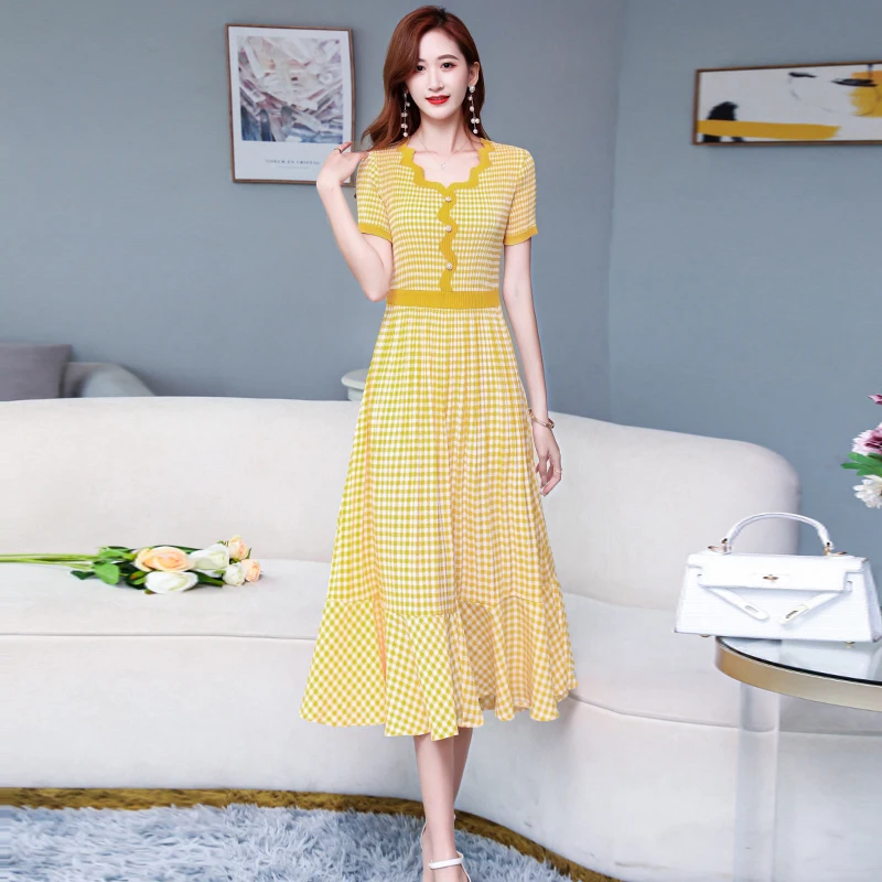 

COIGARSAM Women Long Dress Summer 2021 New Casual Short Sleeve Patchwork High Waist V-Neck Dark Blue Rose Yellow Black Dresses