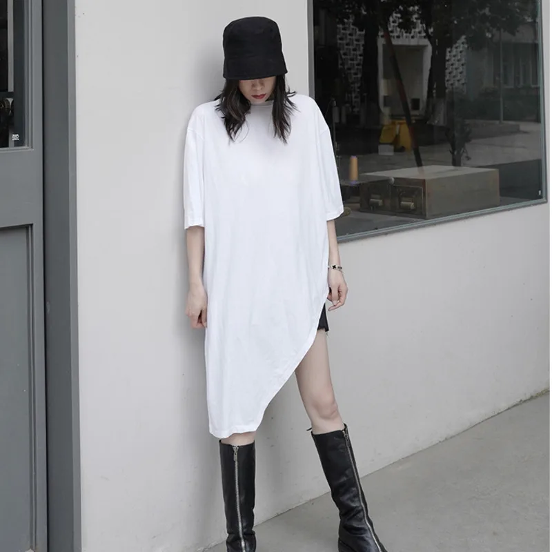 

Women New T-shir Designer Asymmetric Short Sleeve Lage Size Black Series Loose Fit Fashion Tide Summer 2022 E358