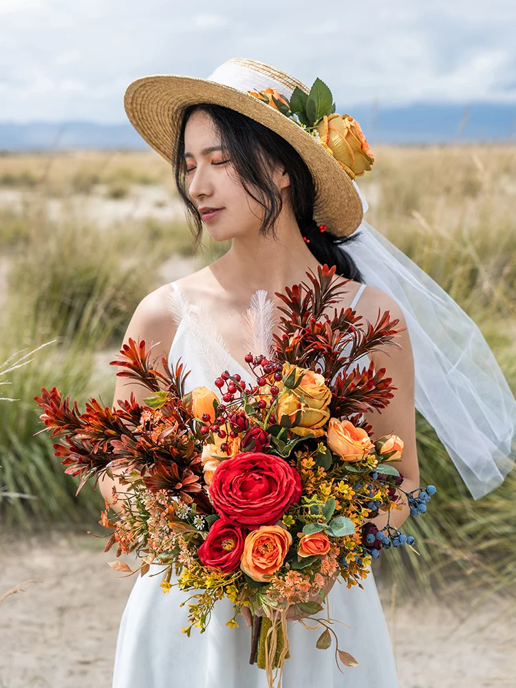 JaneVini винтажный Свадебный букет цветов ручной работы с украшением из красных