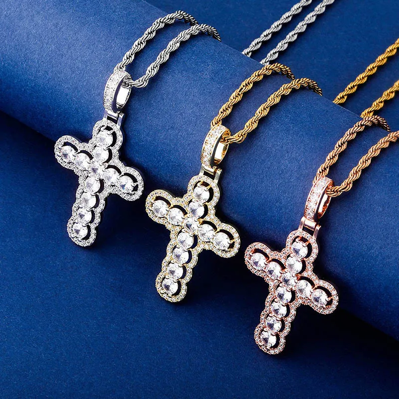 

Hip Hop Claw Setting Cubic Zirconia Bling Iced Out Double Layer Cross Pendants Necklaces for Men Women Charm Jewelry For Gift