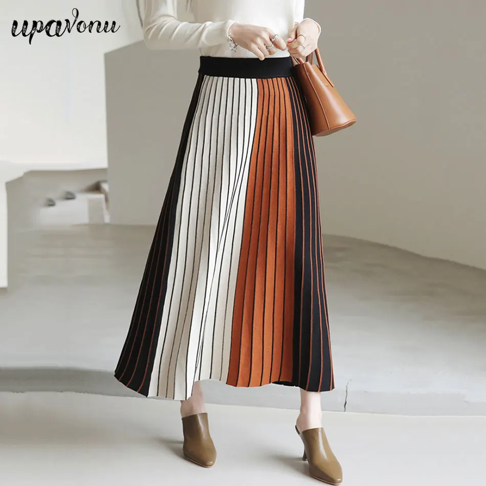 

Free Shipping High Waist Striped Knit Skirt Women Elastic Elegant A-line Skirt Women Midi Skirt 2020 Autumn New