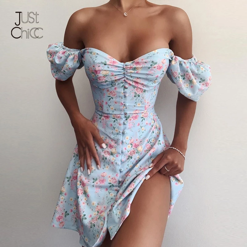 Летнее пикантное платье Justchicc с цветочным принтом пышными рукавами открытой