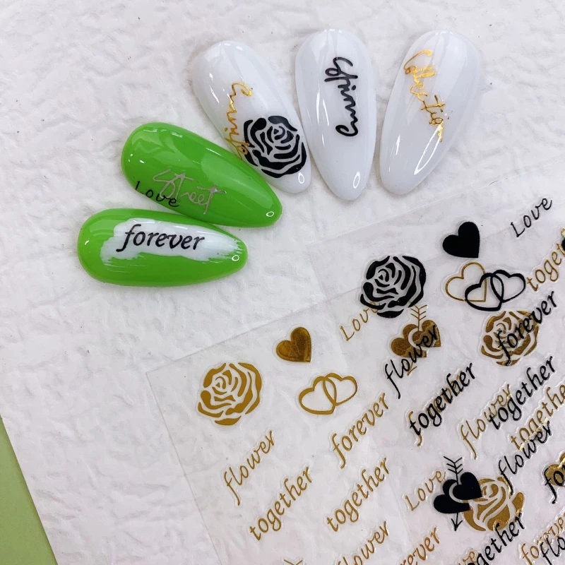 

Nail Art Stickers Ins Gold Silver Letter Nails Decals Self-Adhesive Heart Rose Nail Stickers for Women Girls Nail Decor