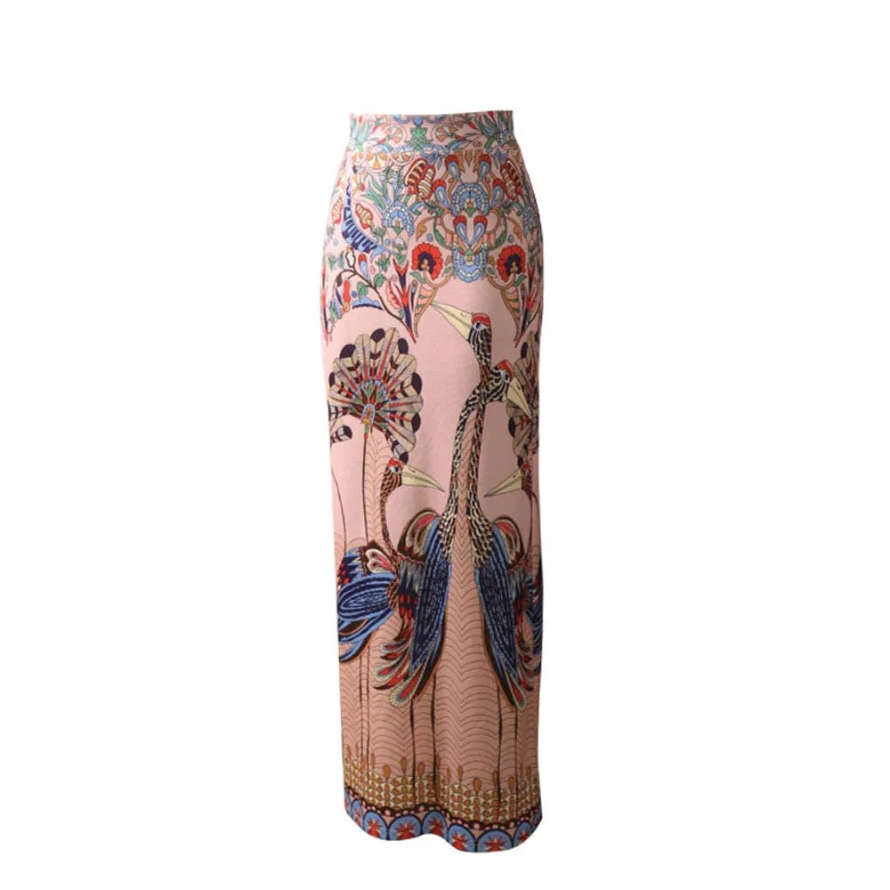 

Womens Fashion Peacock Opening Print Maxi Skirt Ladies Ankle-Length Boho Dresses Female Floral Casual High Waist Pencil Skirts