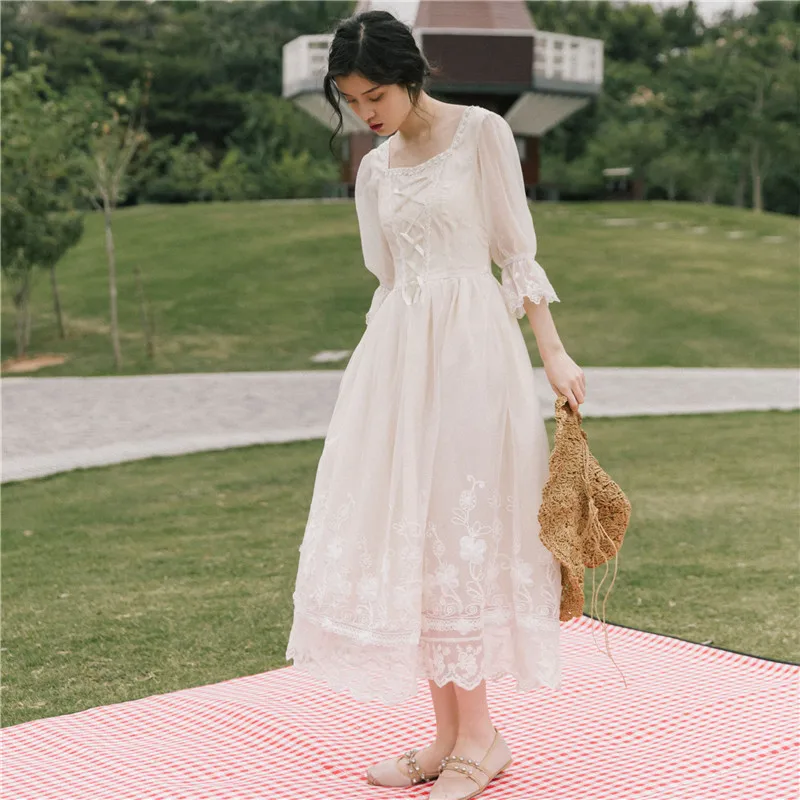 

Spring and Summer Retro Solid Color Dress for Women Lady A Line Square Collar Sweet Long Dress Preppy Style Girl Dress