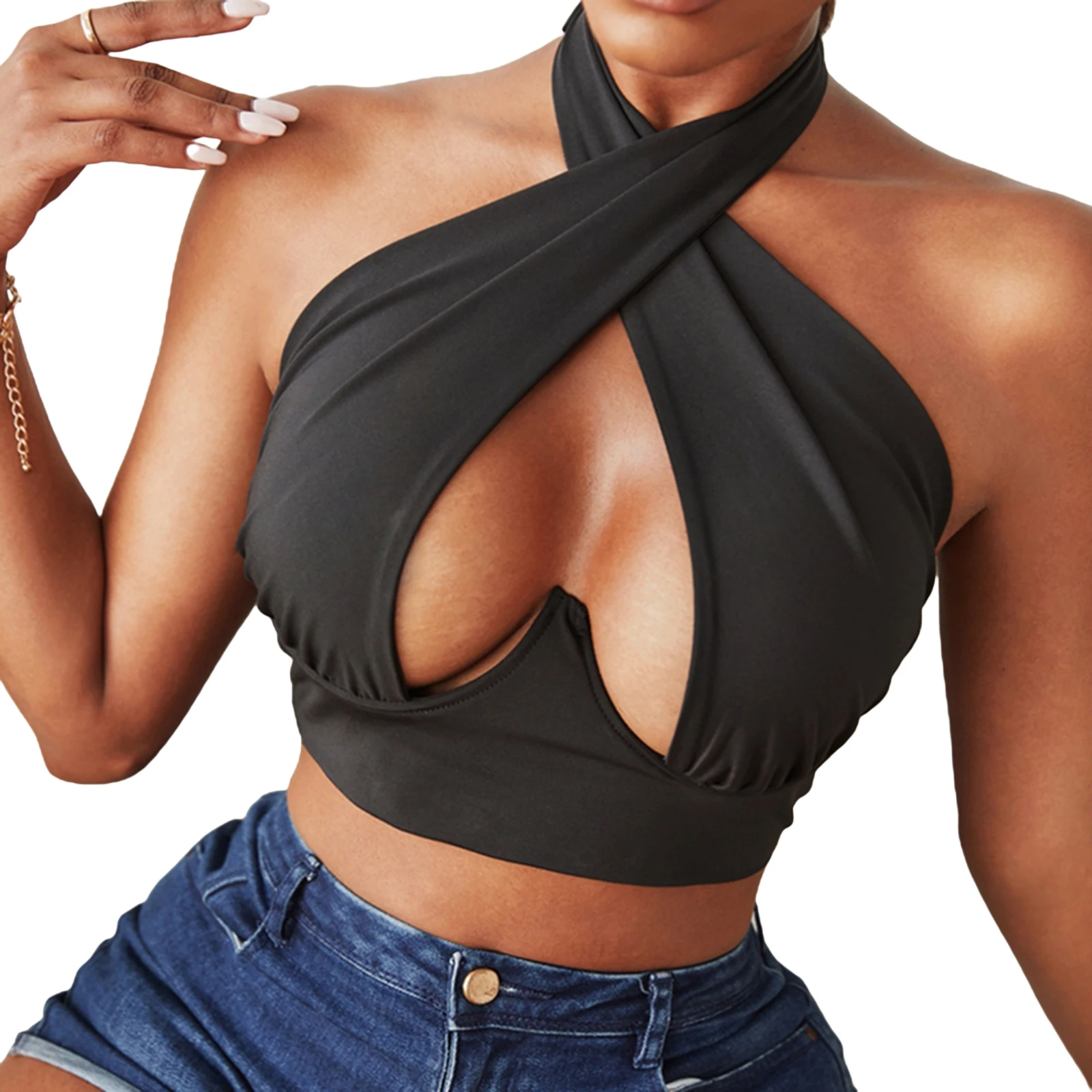 

Summer Women Sexy Hollow Out Vest Halter Neck Solid Color/ Leopard Print Pattern Crop Tops