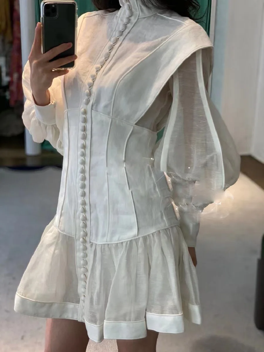 

brand heavy crafts Big single breasted women's tight-fitting pleated dress New women's wear autumn lantern sleeves ruffle dress